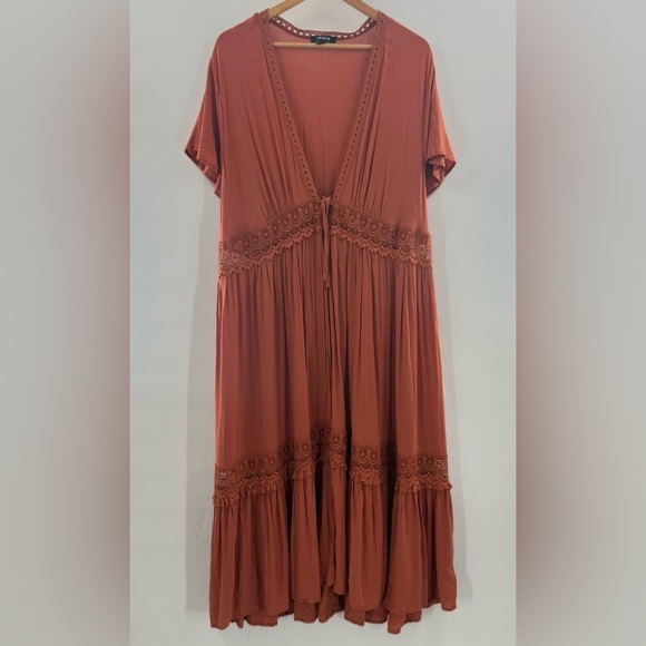 Torrid Duster Length Kimono Tie Front Lace Details in Orange Rust Size 2X - Picture 2 of 15